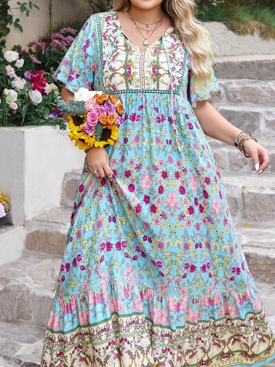 Plus Size Women's Printed Tie Neck and Flutter Sleeve Floor-Length Maxi Dress