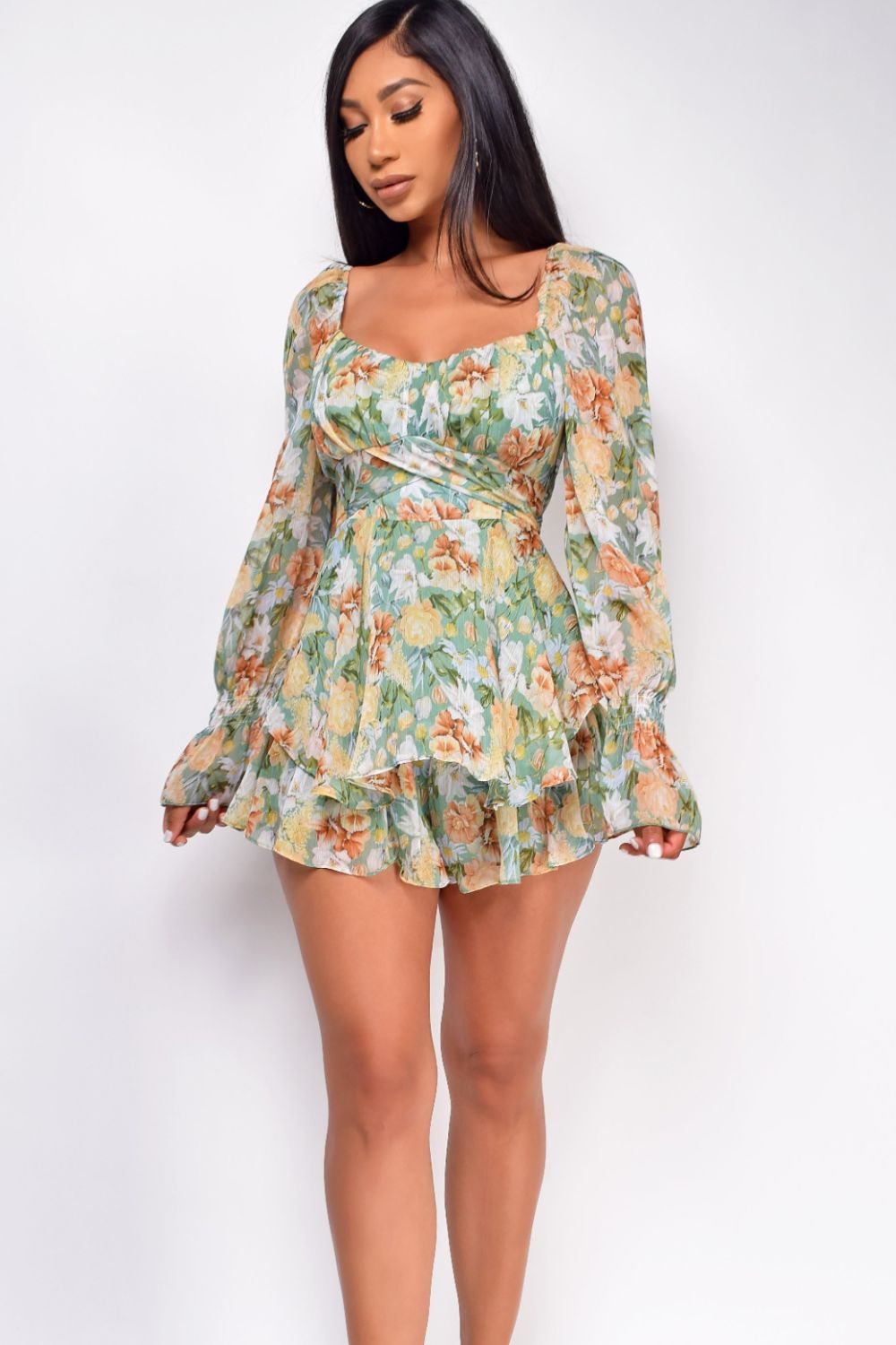 Women's Floral Print Sweetheart Neckline Flounce Sleeve Short Romper