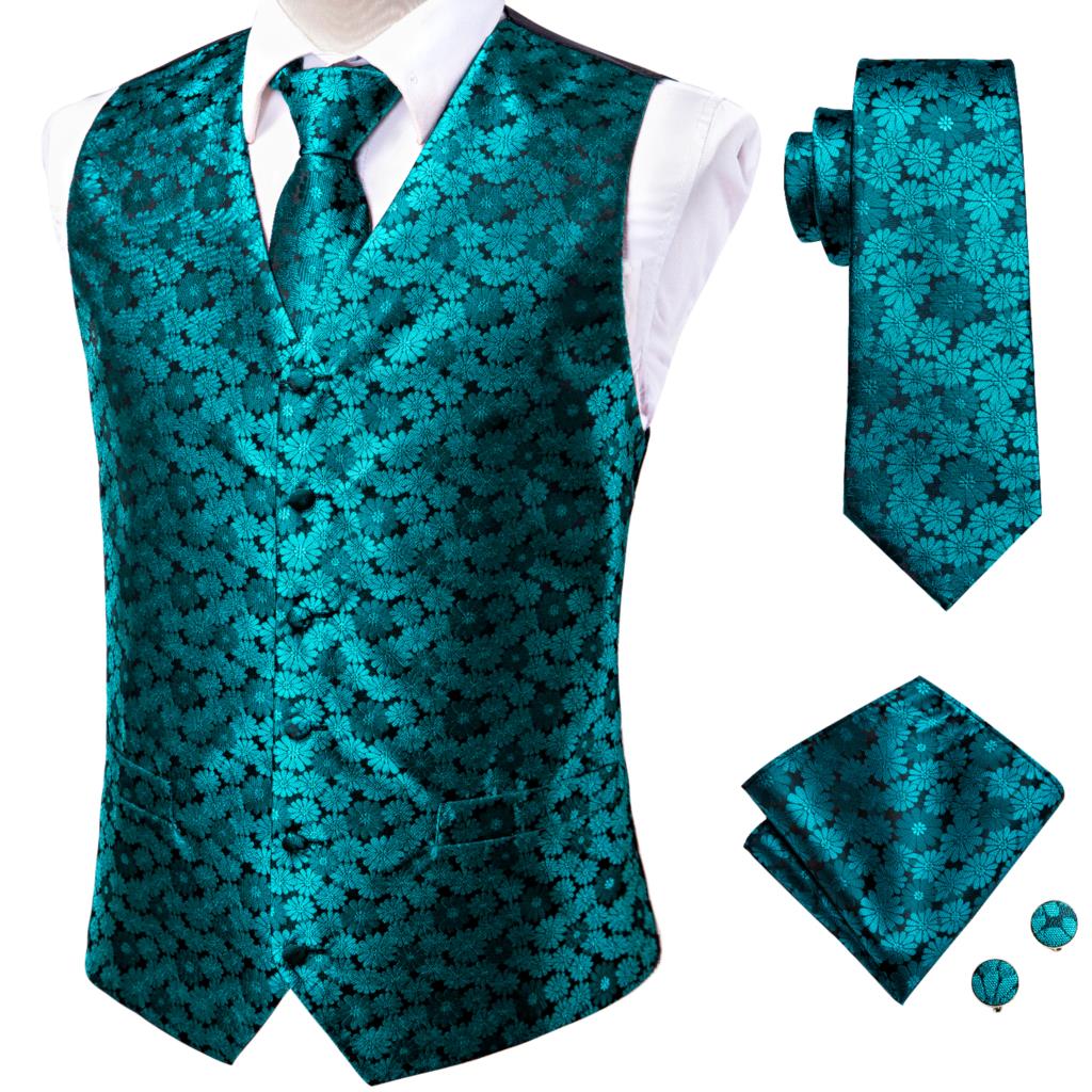 Hi-Tie Men's 4-Piece Luxury Silk Vest, Tie, Handkerchief & Cufflinks Set