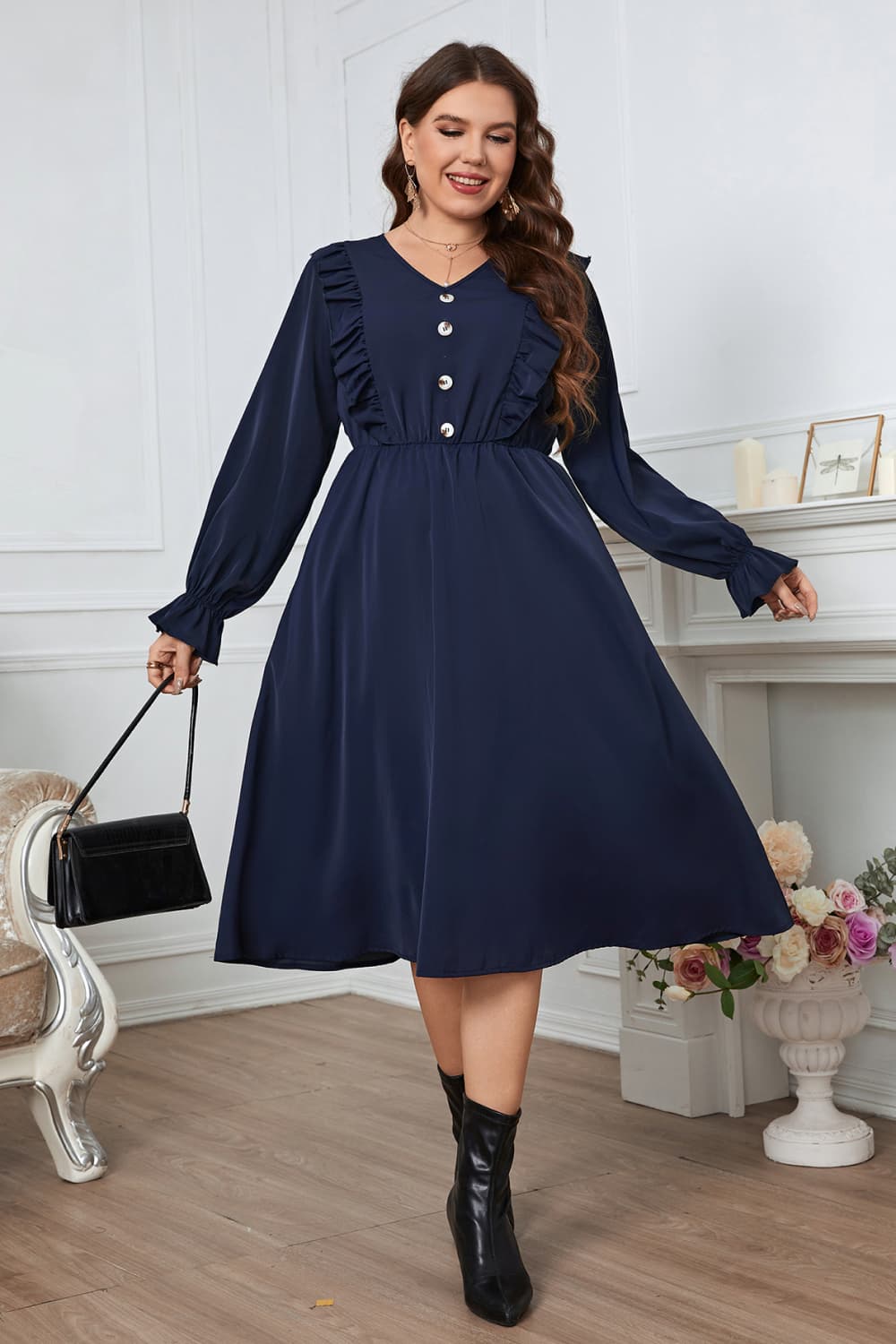 Plus Size Women's V-Neck Buttoned Flounce Sleeve Casual Midi Dress