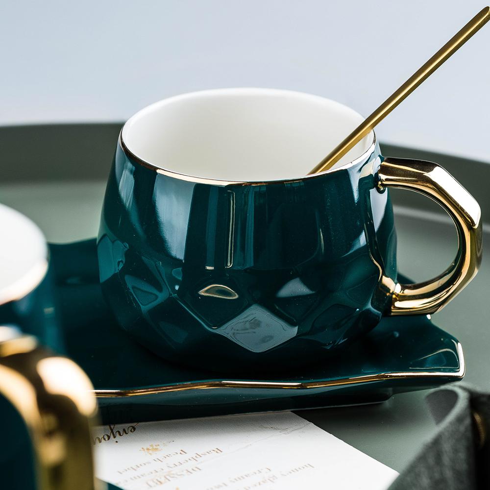 MDZF SWEET HOME European-Style Handpainted Green Ceramic Coffee Cup Set with Mat, Lid, Spoon - Ideal Milk Cup and Breakfast Tableware Set, Perfect for Couple Mugs and Birthday Gift Boxes