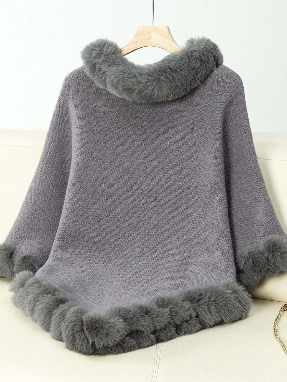 Fashionable Three-Quarter Sleeve Poncho with Fuzzy Trim Texture
