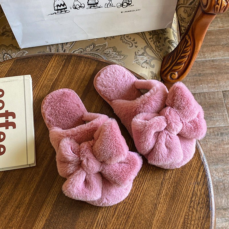 Adorable Plush Women's Slippers with a Top Bow for Winter