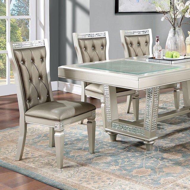 Formal and Elegant Traditional Set of Two Dining Side Chairs in Champagne and Warm Grey Colors with Solid Wood Frame, Leatherette Cushions, and Button Tufted Design for Kitchen and Dining Room Furniture