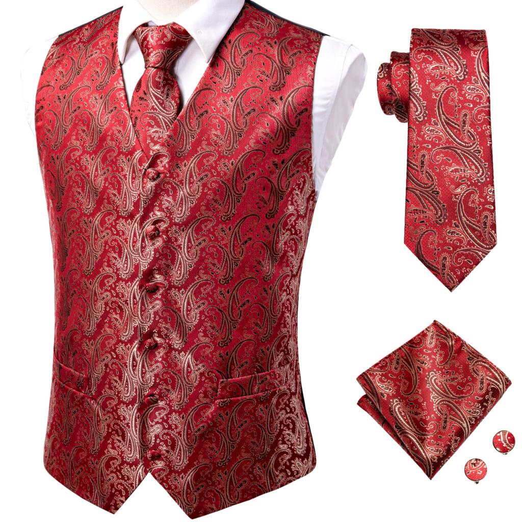 Hi-Tie Men's 4-Piece Luxury Silk Vest, Tie, Handkerchief & Cufflinks Set