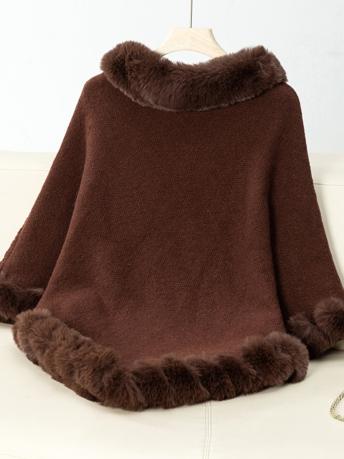 Fashionable Three-Quarter Sleeve Poncho with Fuzzy Trim Texture