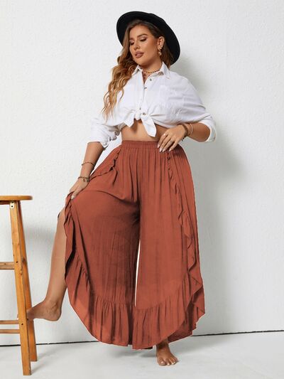 Stylish Plus Size Wide Leg Pants with Ruffled Design