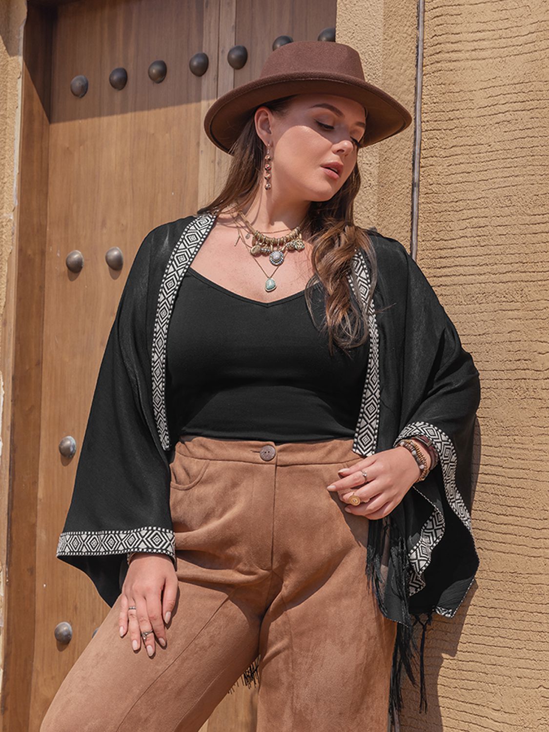Plus Size Fashionable Geometric Open Front Tassel Hem Cardigan for Women