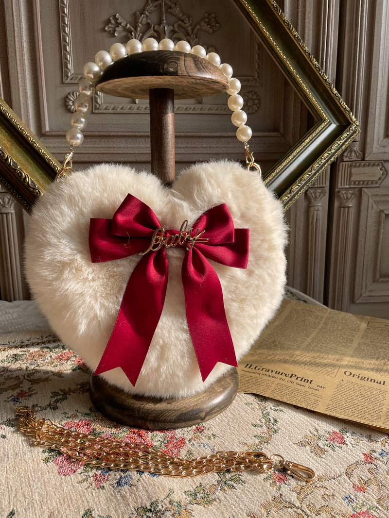 Adorable Lolita Heart-Shaped Pearl Chain Plush Tote Bag
