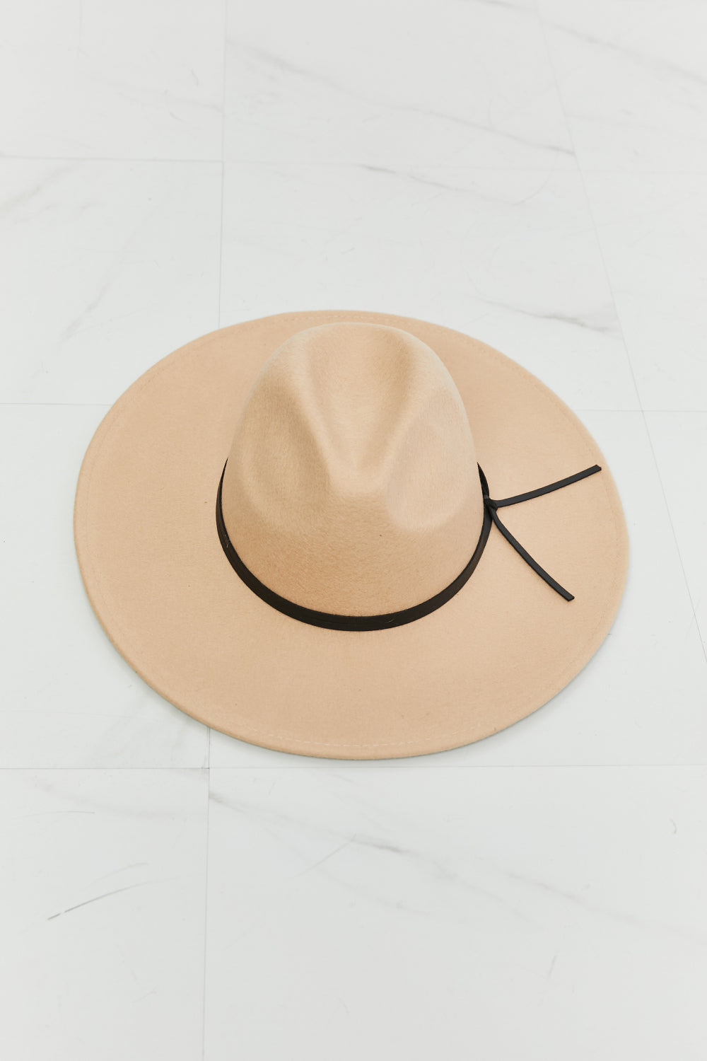 Fame Women's Beige Soft Fedora Hat with Black Faux Leather Knot Detailing for Casual and Formal Events