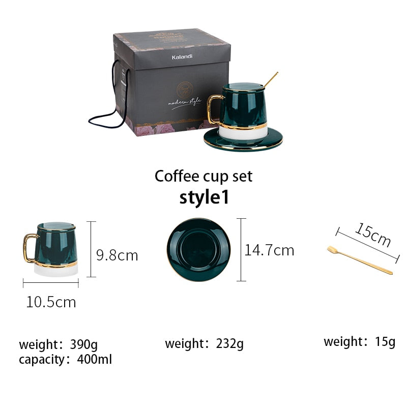 MDZF SWEET HOME European-Style Handpainted Green Ceramic Coffee Cup Set with Mat, Lid, Spoon - Ideal Milk Cup and Breakfast Tableware Set, Perfect for Couple Mugs and Birthday Gift Boxes