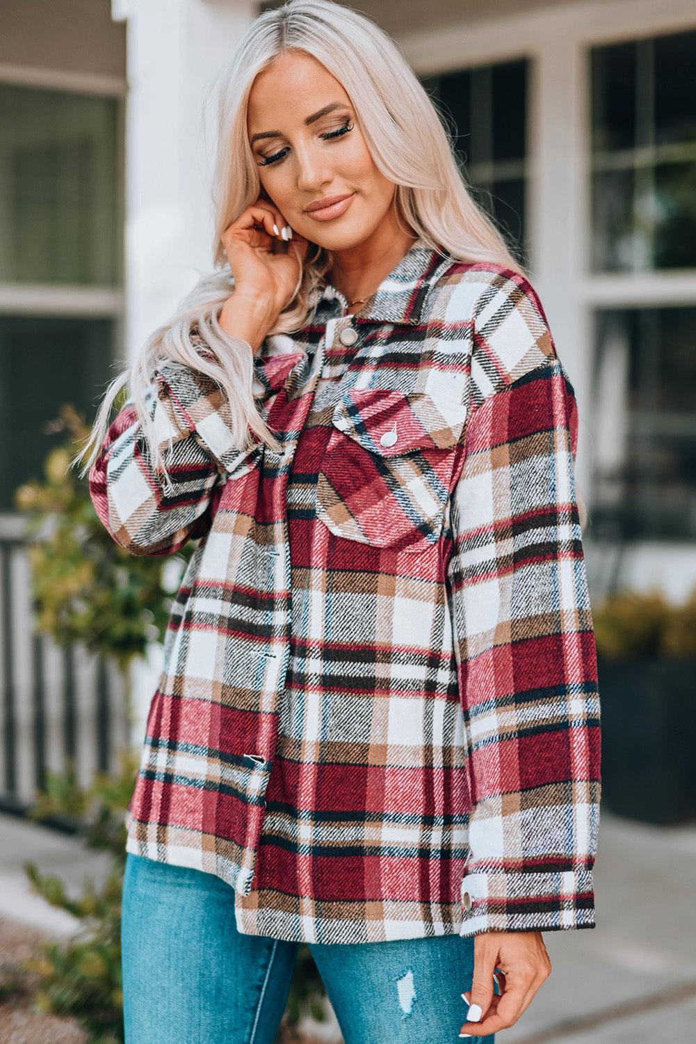 Stylish Plaid Button-Front Casual Shirt Jacket with Functional Breast Pockets