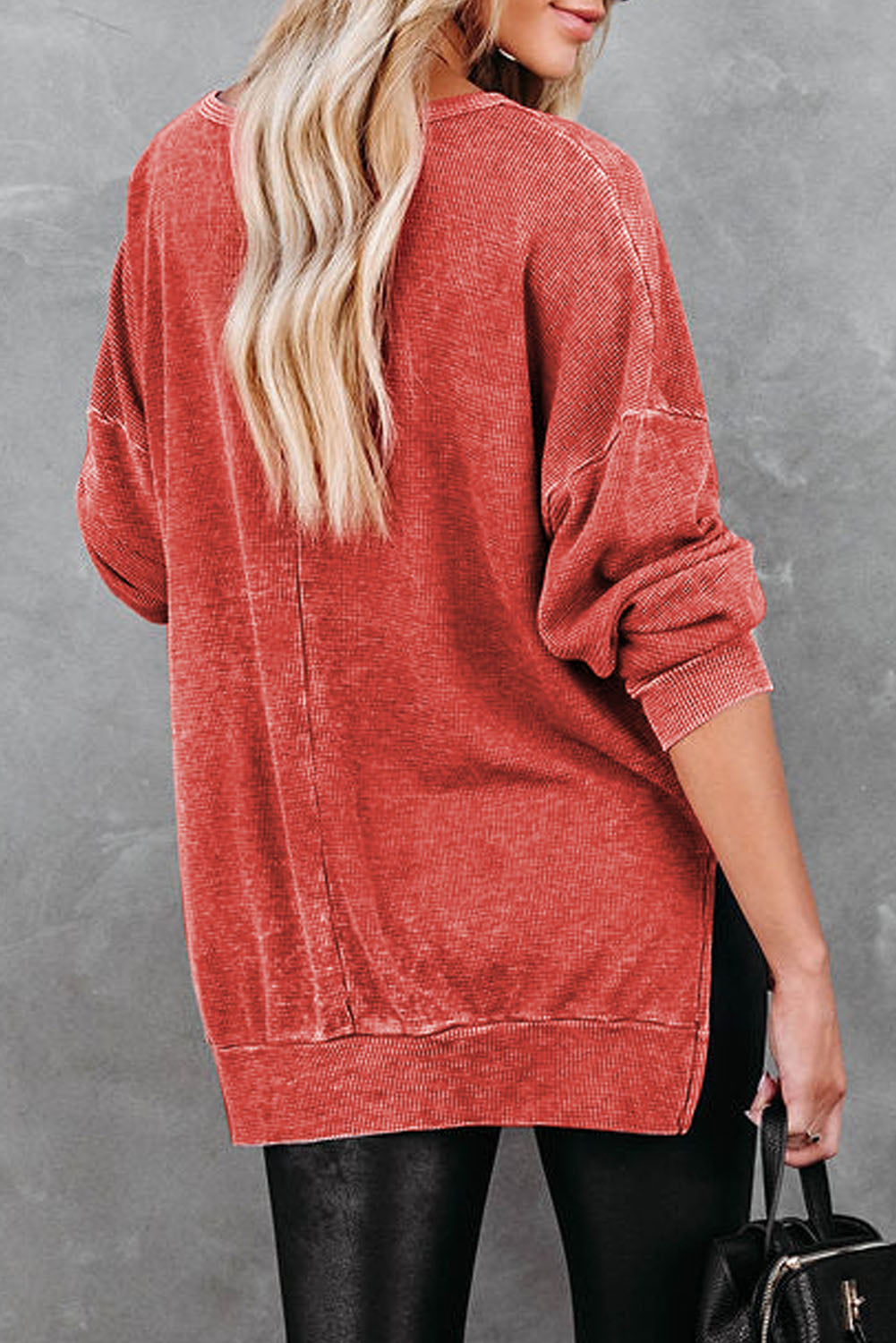 Waffle - Knit Dropped Shoulder Slit Polyester - Cotton Sweatshirt