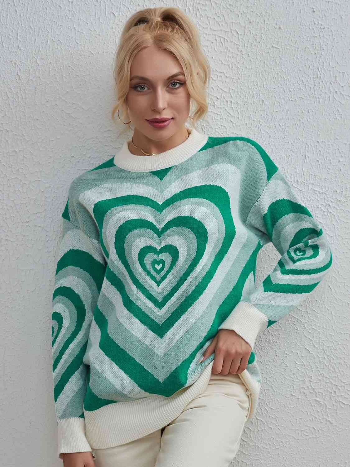 Long Printed Heart Casual Dropped Shoulder Sweater with Moderate Stretch