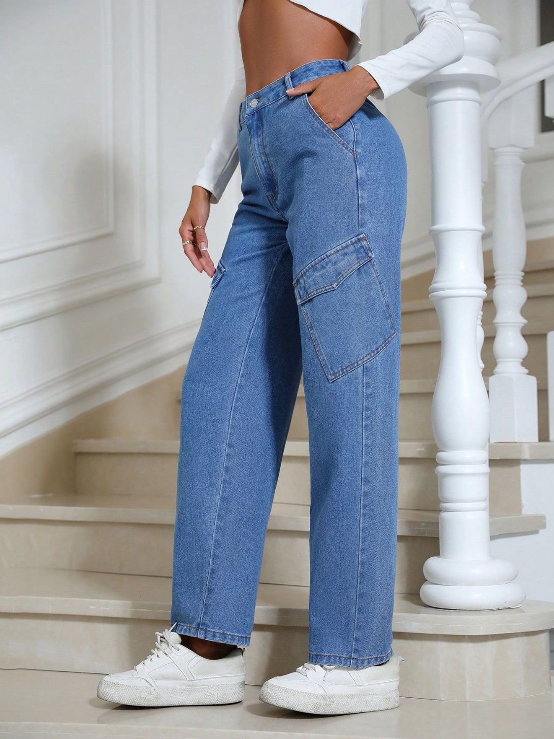Women's High Waist Straight Leg Denim Jeans with Functional Pockets