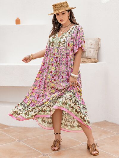 Plus Size Women's Floral Maxi Dress with Tie Neck and Flutter Sleeves
