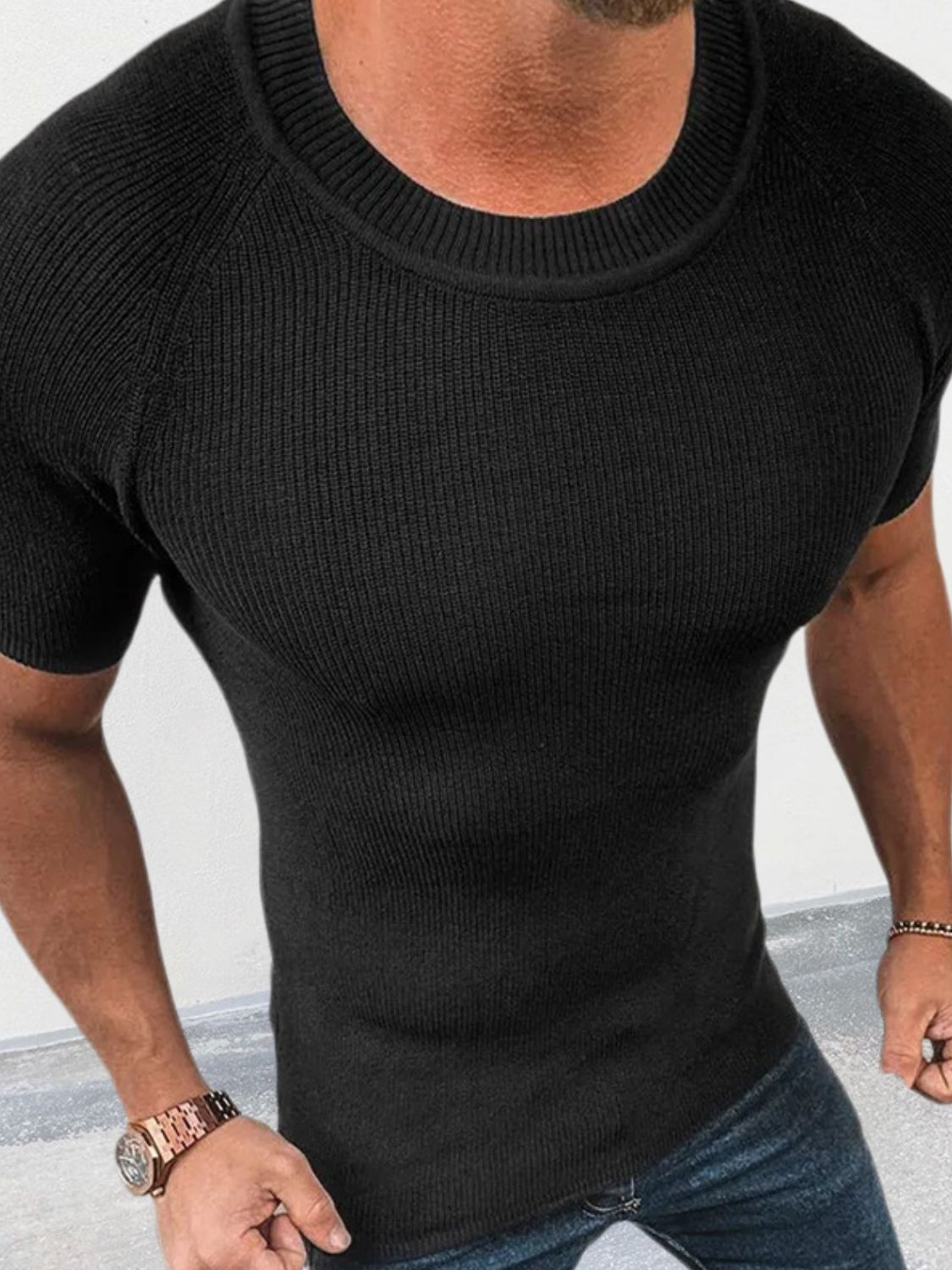 Men's Stretchable Round Neck Short Sleeve Ribbed Knit Acrylic T-Shirt