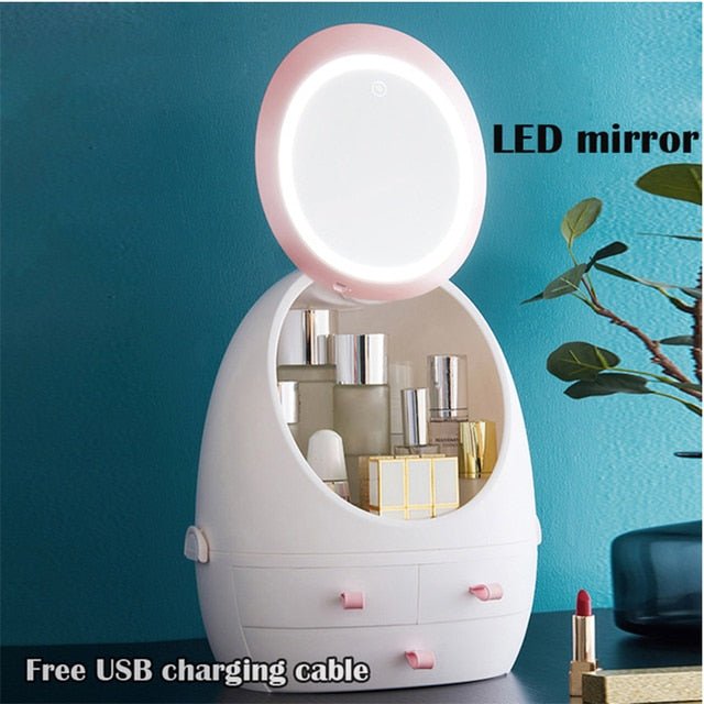 High-End Quality Makeup Storage Case with LED Lighting and Fan - A Modern Desktop Make Up Organizer Drawer for Skincare, Lipstick, and Cosmetics Beauty Box