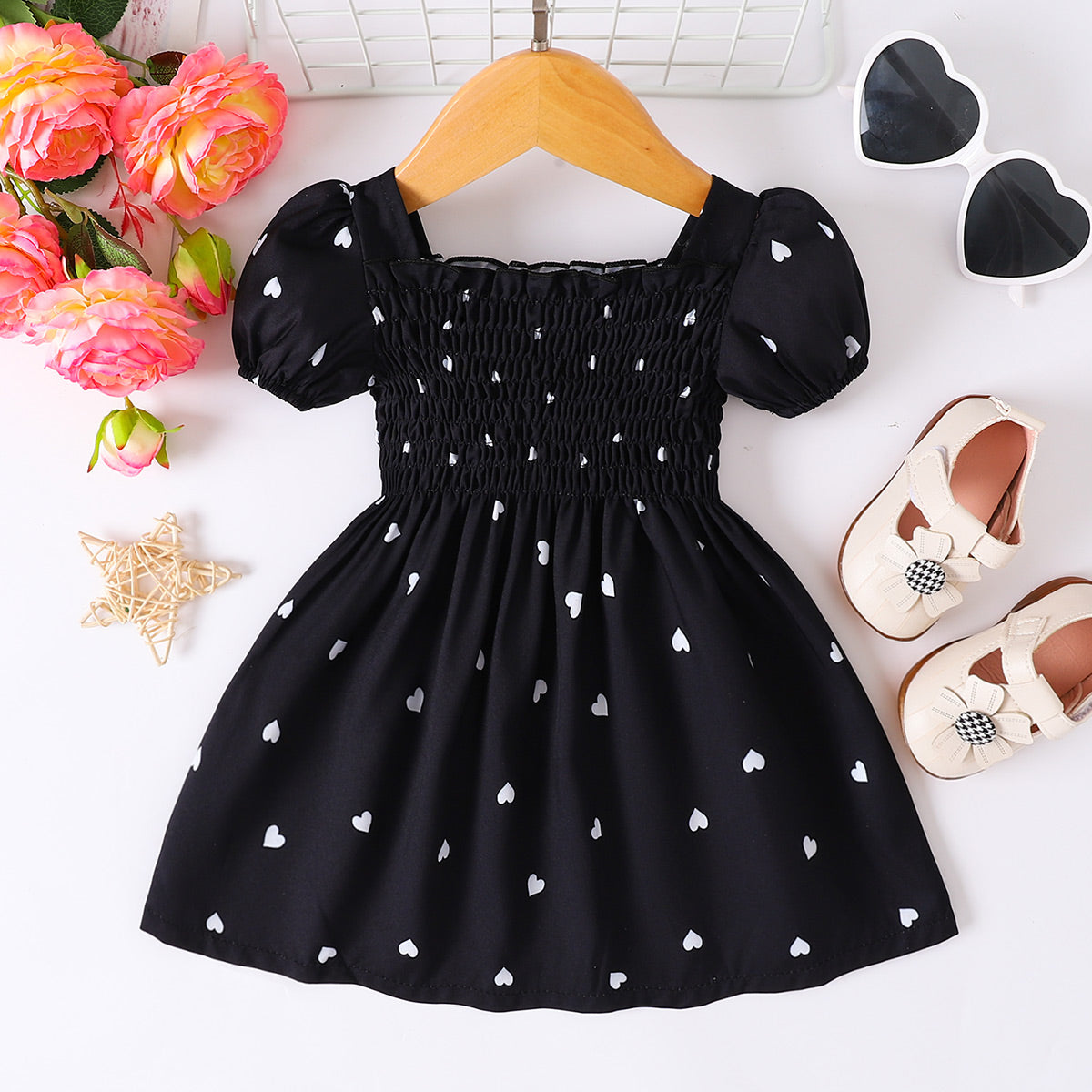 Cute Heart - Printed Smocked Short Square - Neck Dress for Babies