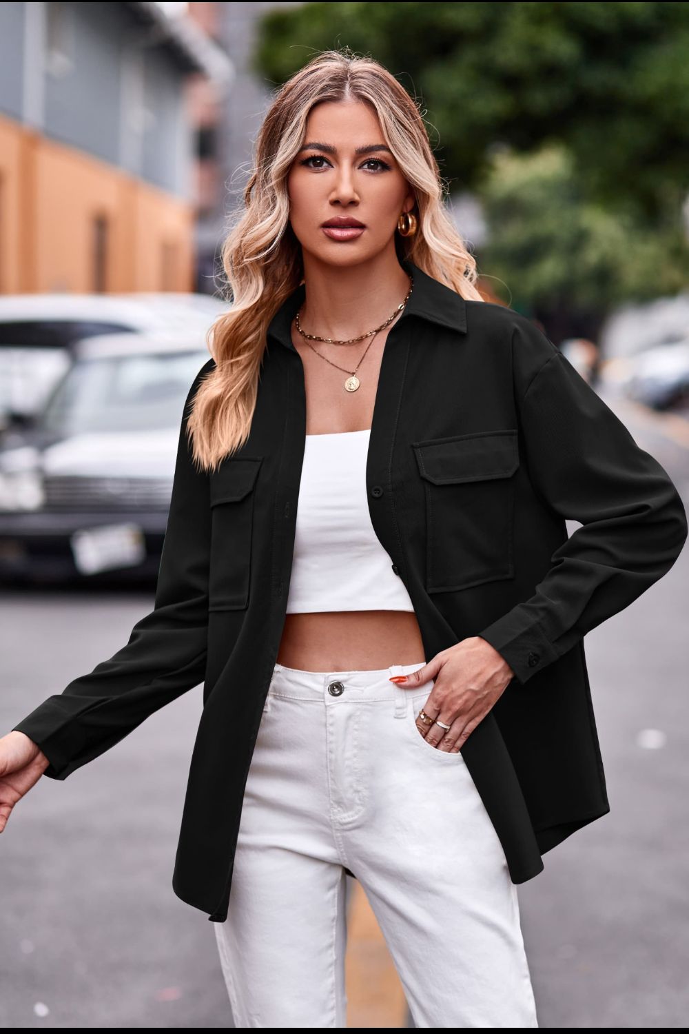 Casual Longline Dropped Shoulder Shirt with Functional Pockets