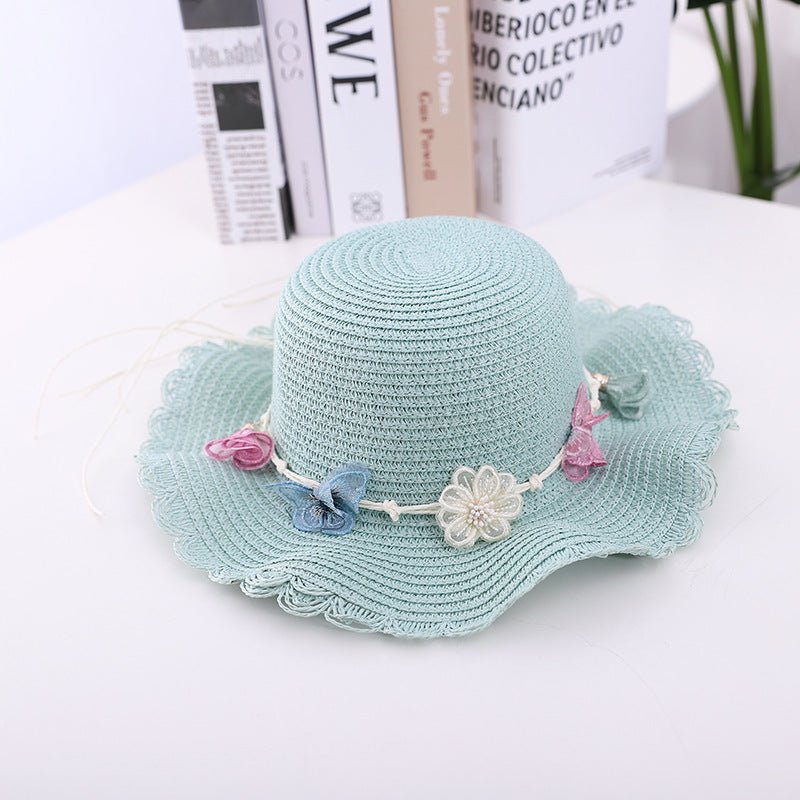 Girls' Summer Straw Hat with Butterfly Pattern and Matching Accessory Bag (Sold Individually)