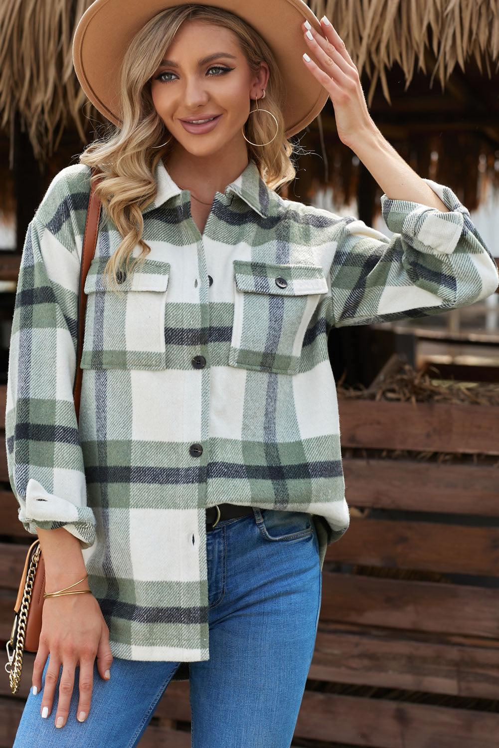 Casual Plaid Dropped Shoulder Pocket Buttoned Shacket for Everyday Wear