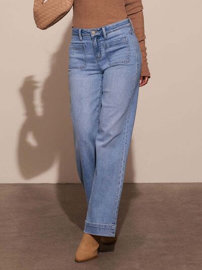 Stylish High-Rise Wide-Leg Denim Jeans with Front Pocket Patches