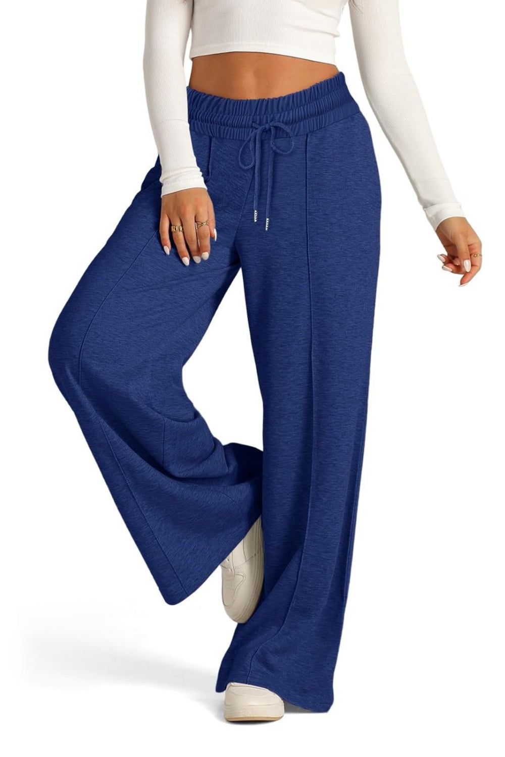 Fashionable Drawstring Elastic Waist Wide Leg Polyester Pants for Comfortable Wear