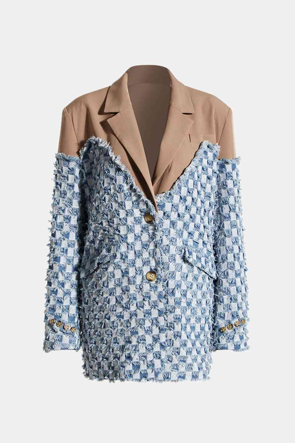 Double Take Long Sleeve Denim Jacket with Lapel Collar and Fringe Details