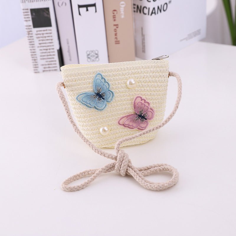 Girls' Summer Straw Hat with Butterfly Pattern and Matching Accessory Bag (Sold Individually)