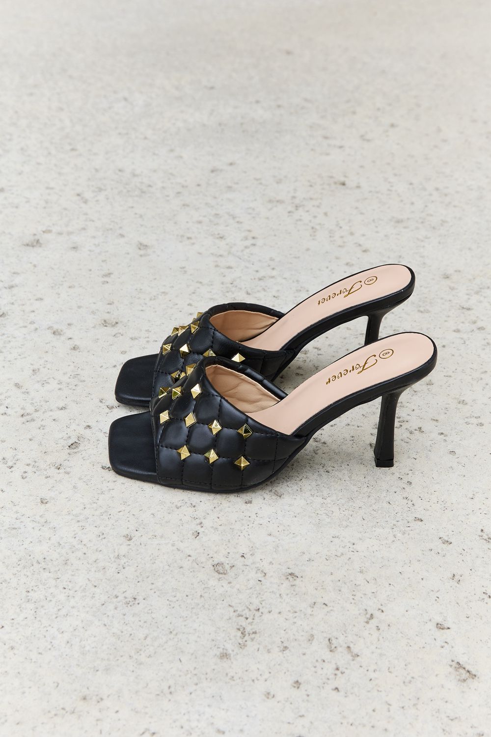 Black Forever Link Quilted Square Toe Mule High Heel Shoes for Fashionable Women