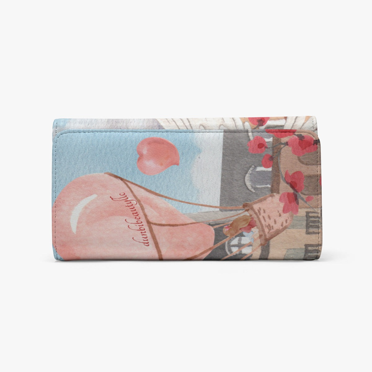 Dunbi Designed Foldable PU Wallet Featuring a Romantic Scene of Love in a Hot Air Balloon over Paris with Eiffel Tower, Dove, Flowers, Girl, Sky and Hearts