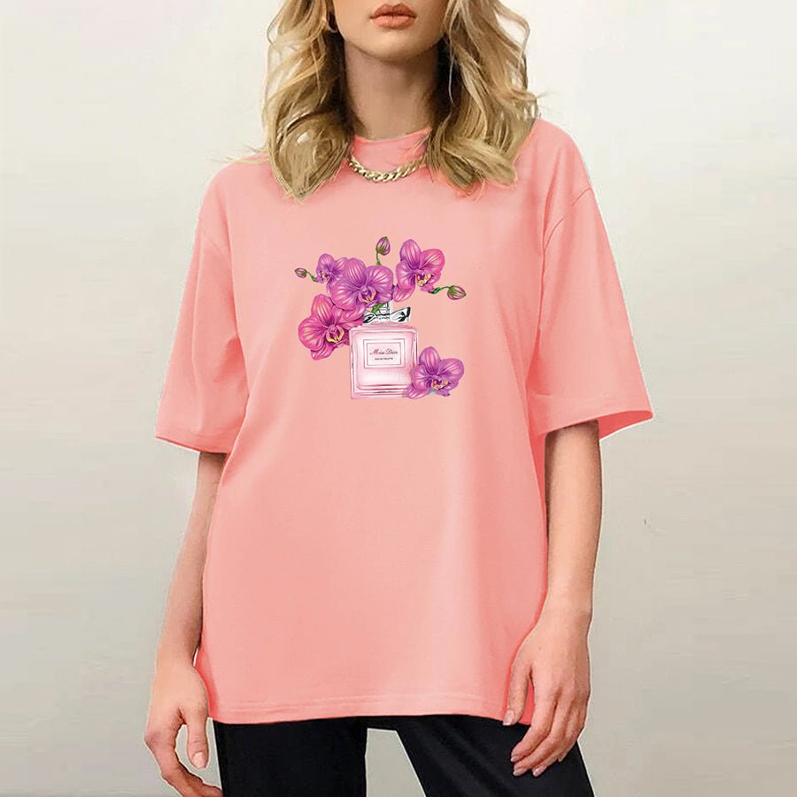 Casual Floral Print Loose Short-Sleeve Cotton Round-Neck T-Shirt