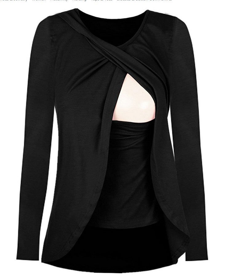 European Maternity Cotton Solid Color Round Neck Uncoverable Feeding Blouse for Pregnant Women - All-Match Leisure Shirt 8962