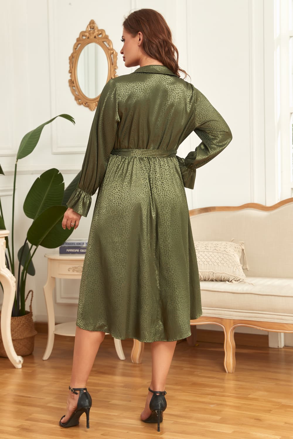 Plus Size Women's Surplice Neck Tie Belted Flounce Sleeve Mid-Length Casual Dress