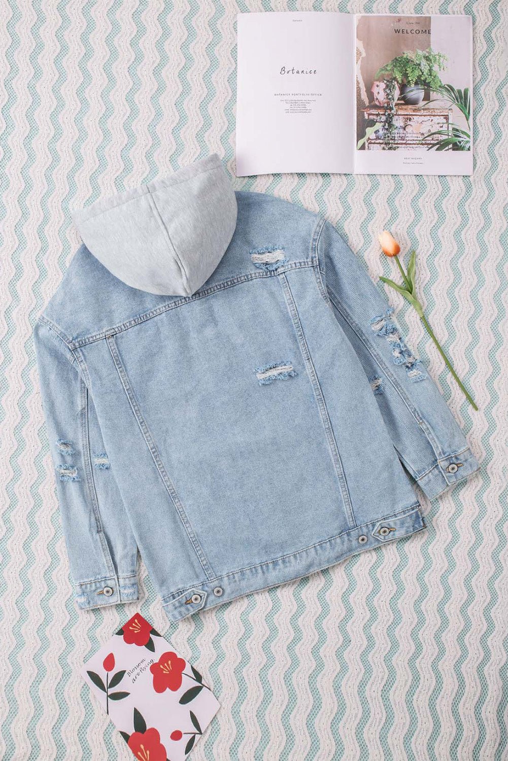 Casual Distressed Denim Hooded Jacket with Drawstring