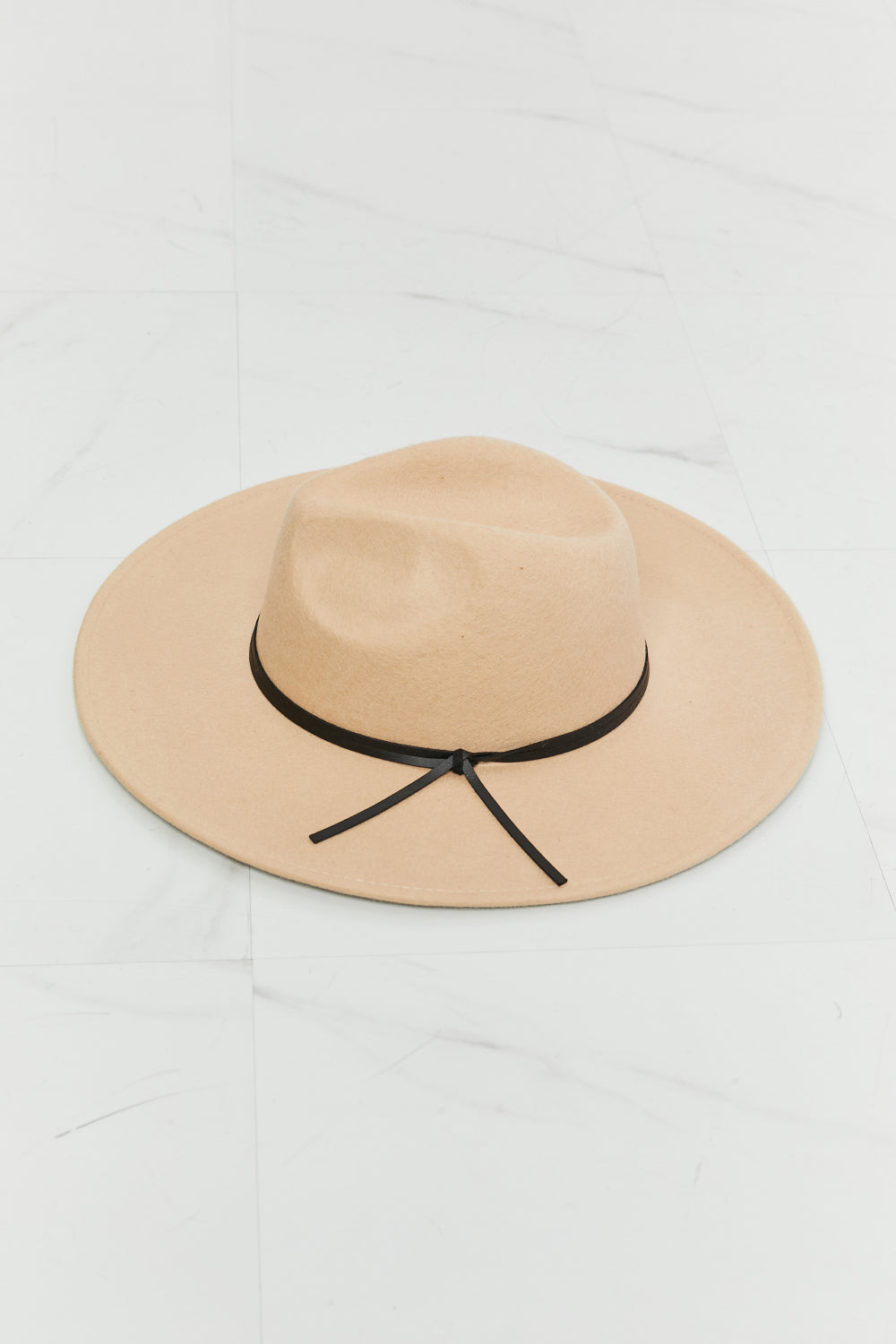 Fame Women's Beige Soft Fedora Hat with Black Faux Leather Knot Detailing for Casual and Formal Events