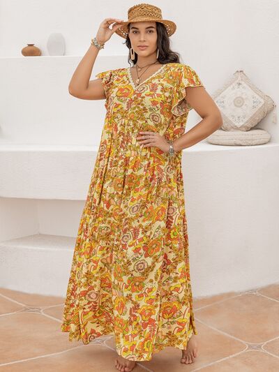 Plus Size V-Neck Printed Flutter Sleeve Tie-Waist Maxi Dress