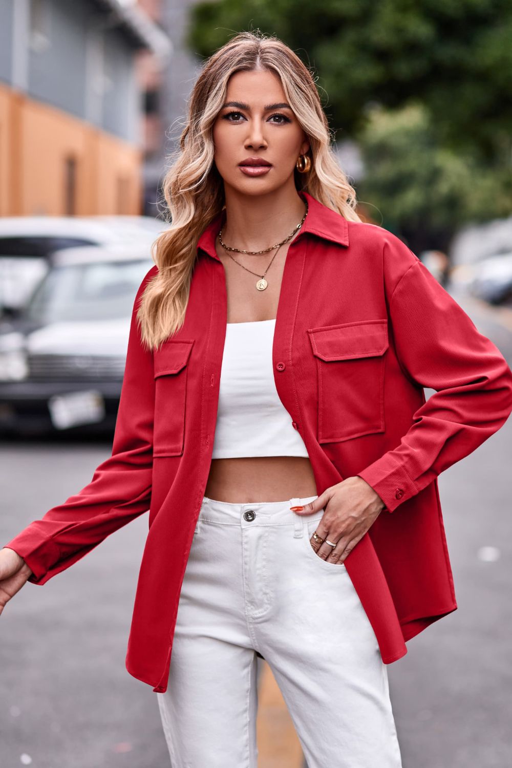 Casual Longline Dropped Shoulder Shirt with Functional Pockets