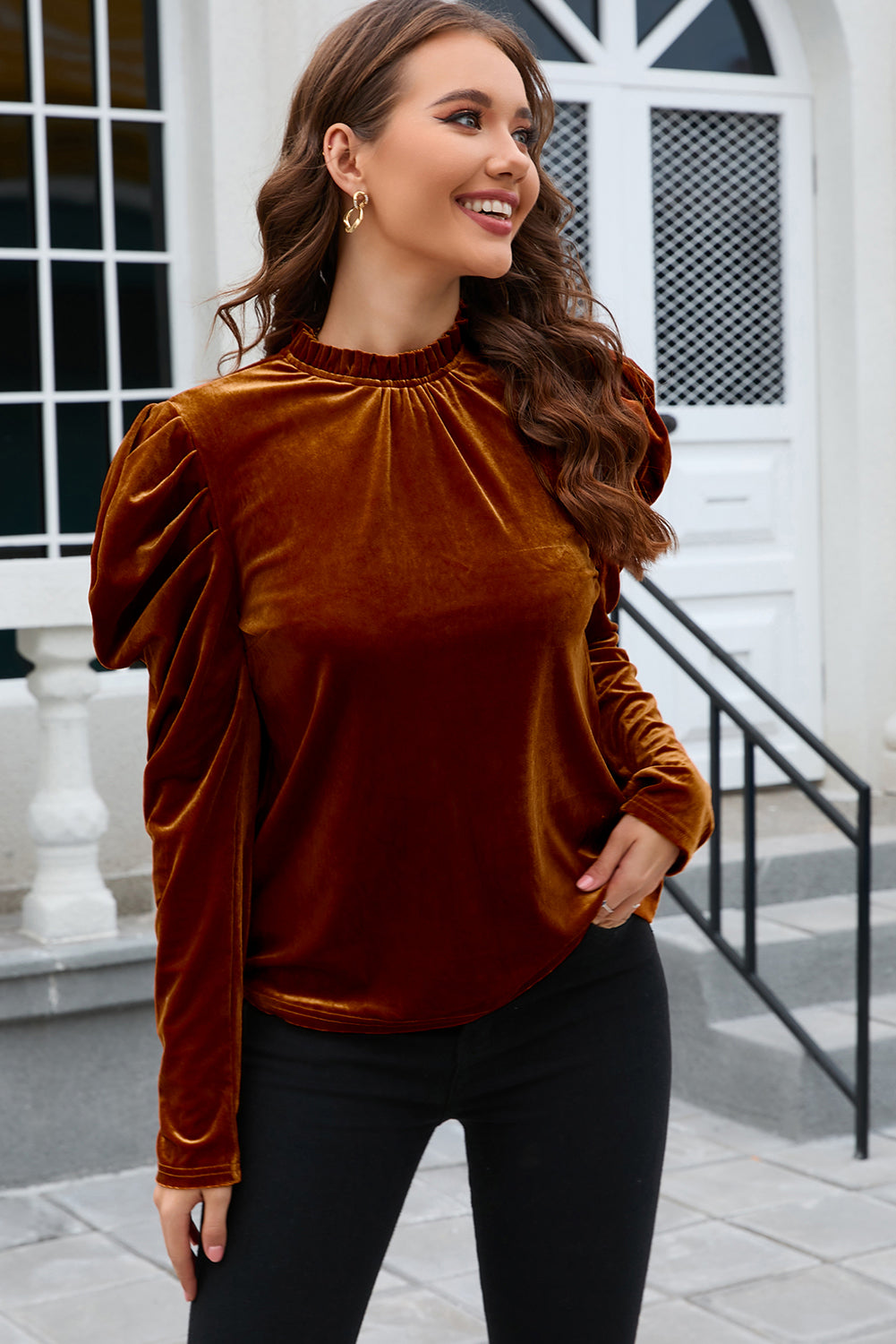 Fashionable Frilled Mock - Neck Puff - Sleeve Women's Blouse