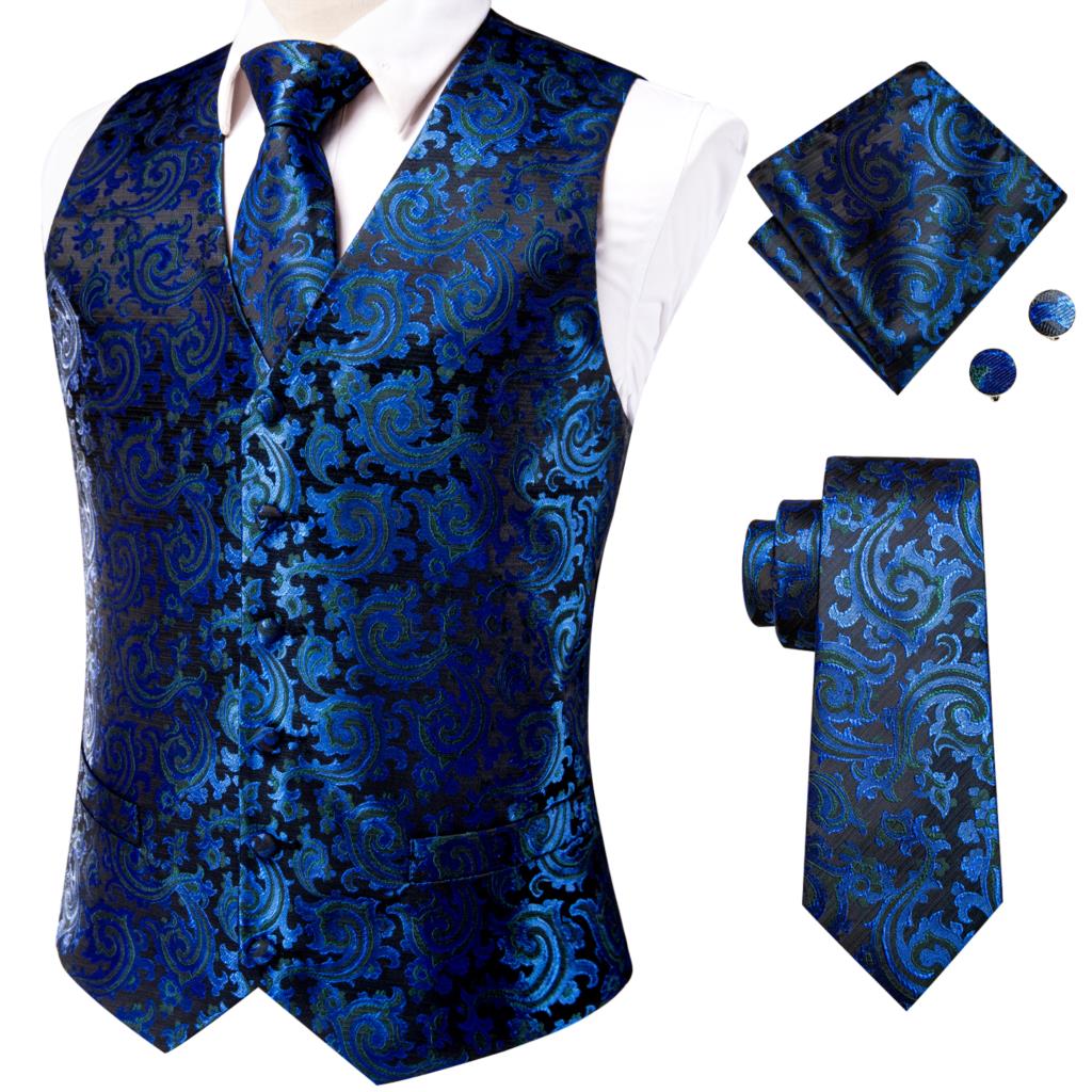 Hi-Tie Men's 4-Piece Luxury Silk Vest, Tie, Handkerchief & Cufflinks Set