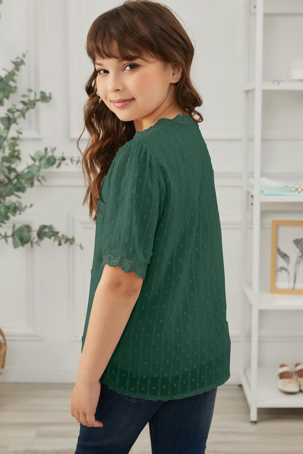 Summer Girls' Blouse with Swiss Dot and Spliced Lace for 4 - 13 Years Old
