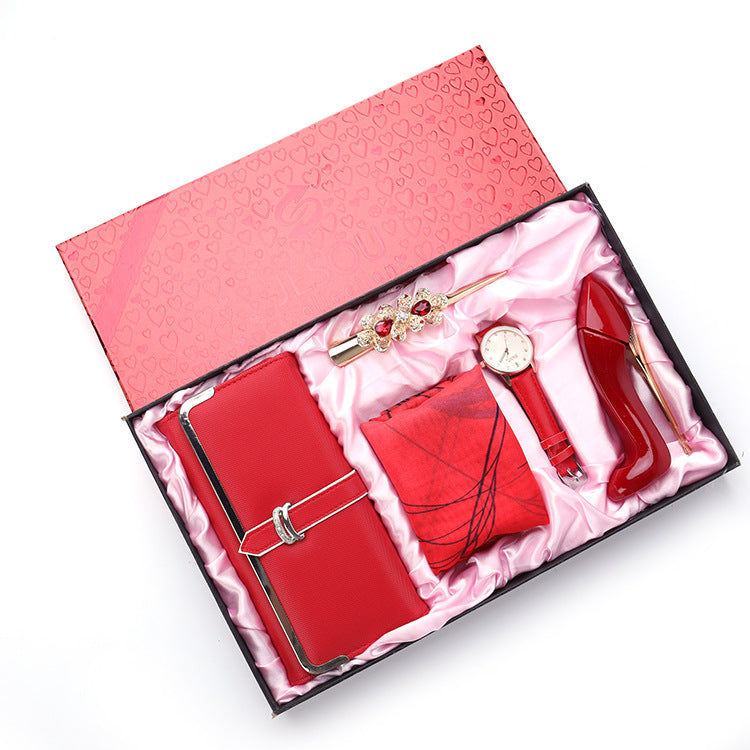 Stylish Set of Long Wallet, Silk Scarf, High - End Watch, Perfume and Hairpin