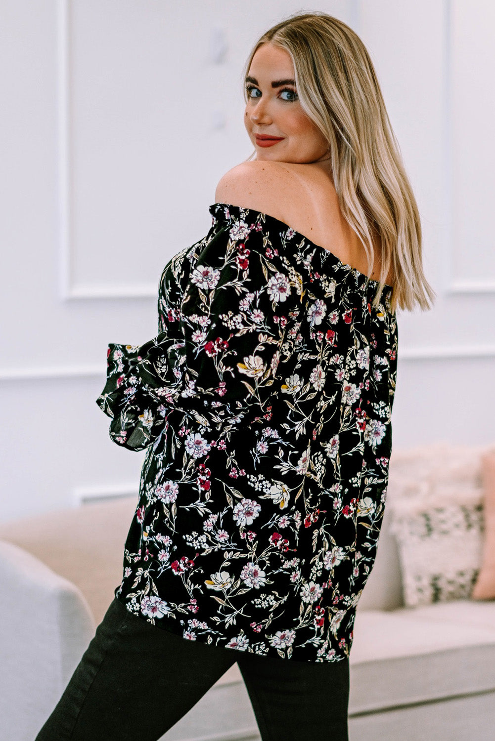 Plus Size Long Floral Off-Shoulder Blouse with Ruffled Flounce Sleeves