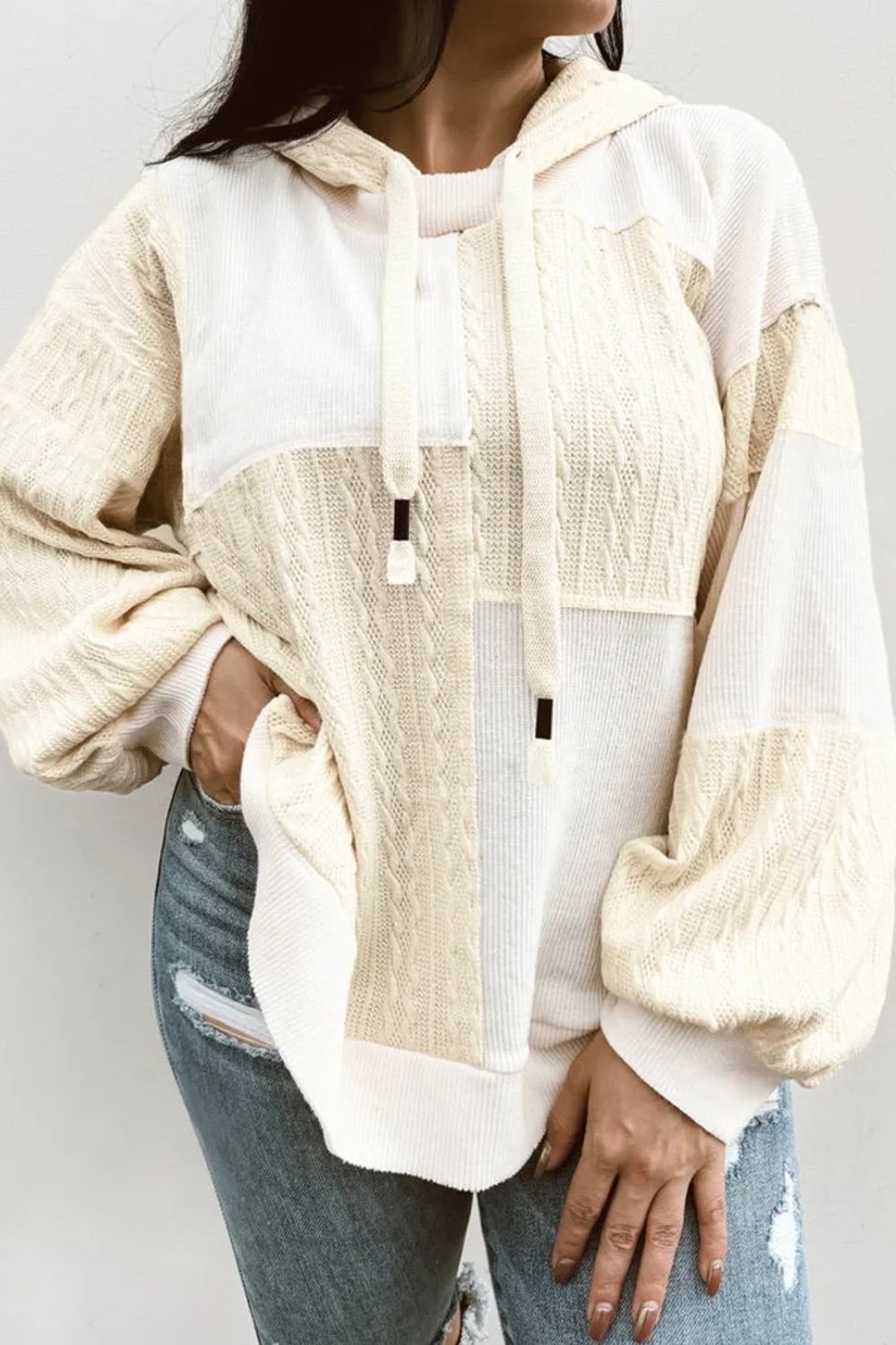 Oversized Drawstring Color - Blocked Long - Sleeve Hoodie for Plus Sizes