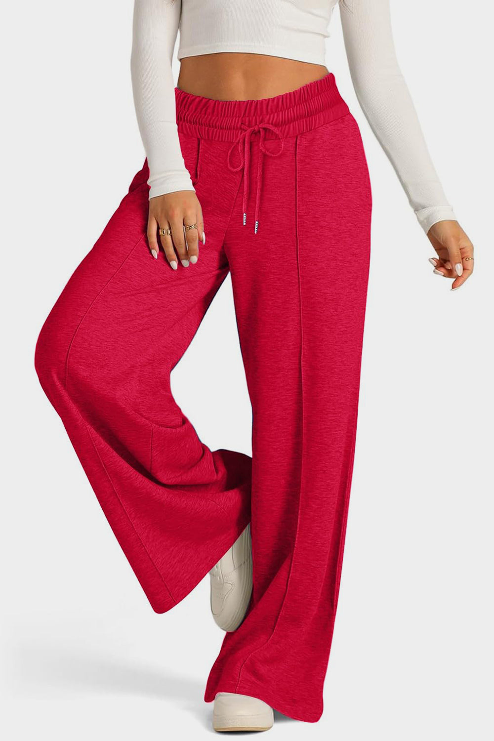 Fashionable Drawstring Elastic Waist Wide Leg Polyester Pants for Comfortable Wear