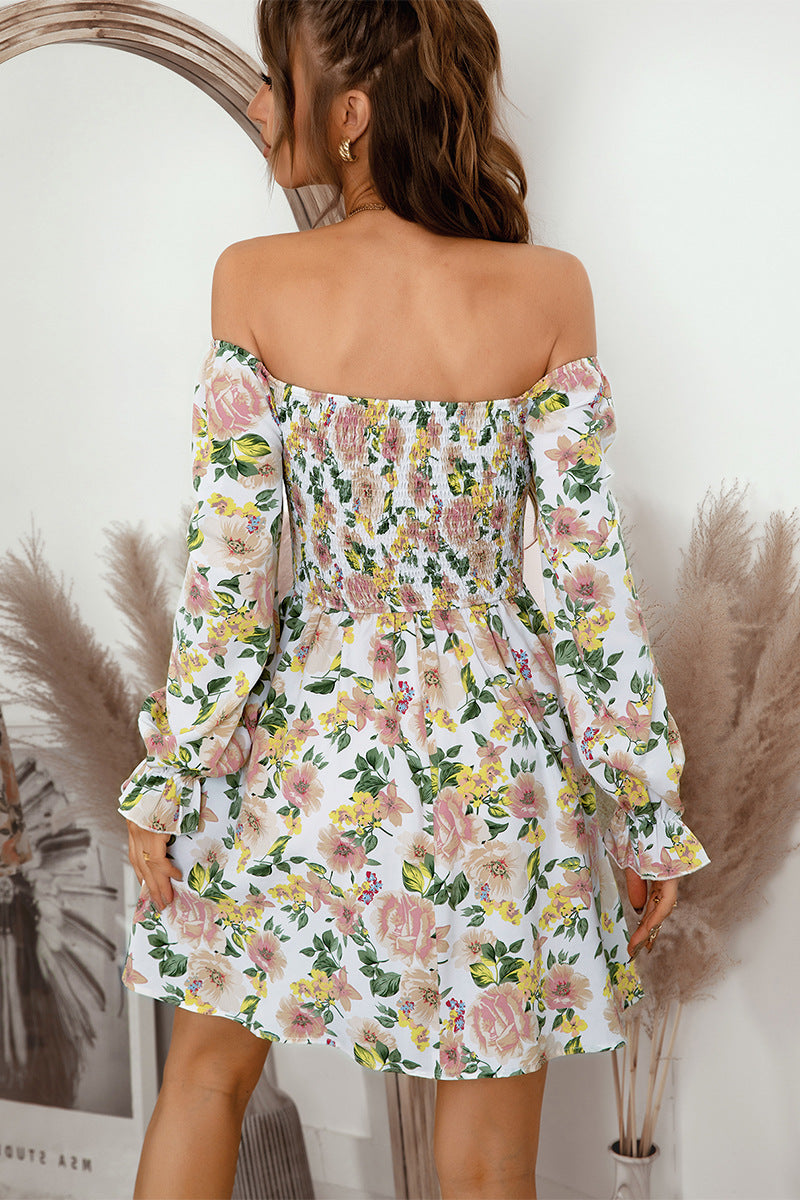 Chic Floral Print Flounce Sleeve Smocked Square Neck Mini Dress for Women