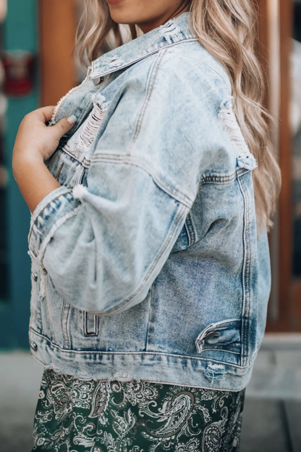 Stylish Distressed Denim Drop Shoulder Jacket for Cowgirls