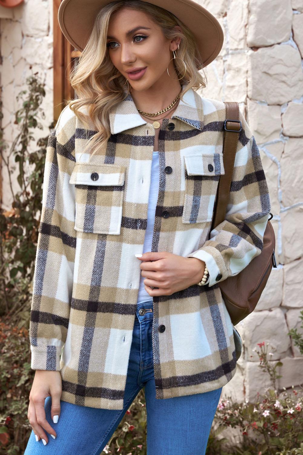 Casual Plaid Dropped Shoulder Pocket Buttoned Shacket for Everyday Wear