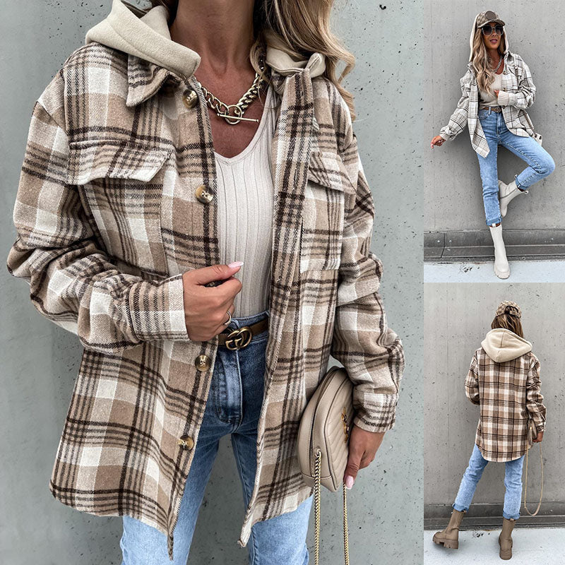 Fashionable Winter Ins Women's Woolen Plaid Hooded Jacket with Detachable Cap and Pocket Design - Stylish Outerwear for OL Commute